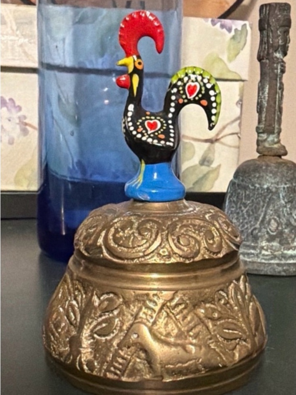 Brass Decorative Bell with Colorful Rooster Top